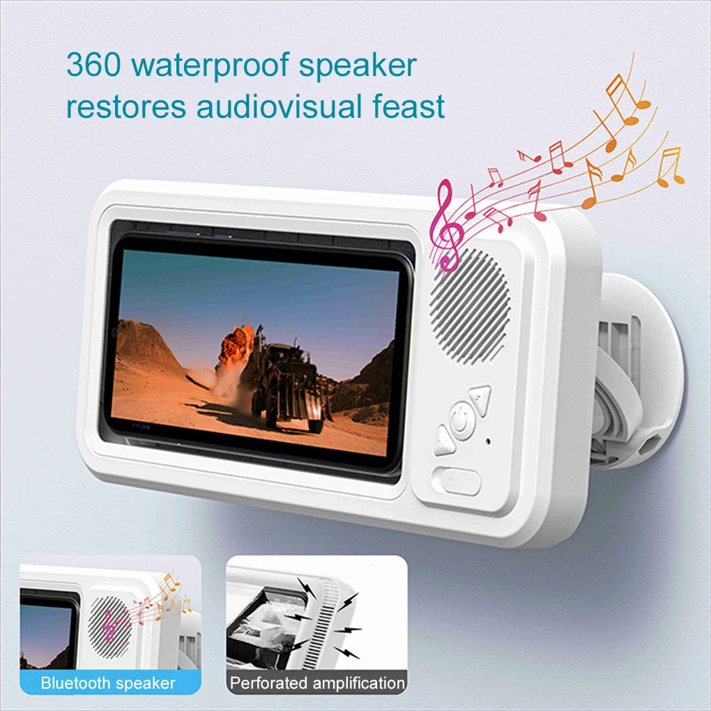 Shower phone holder with speaker