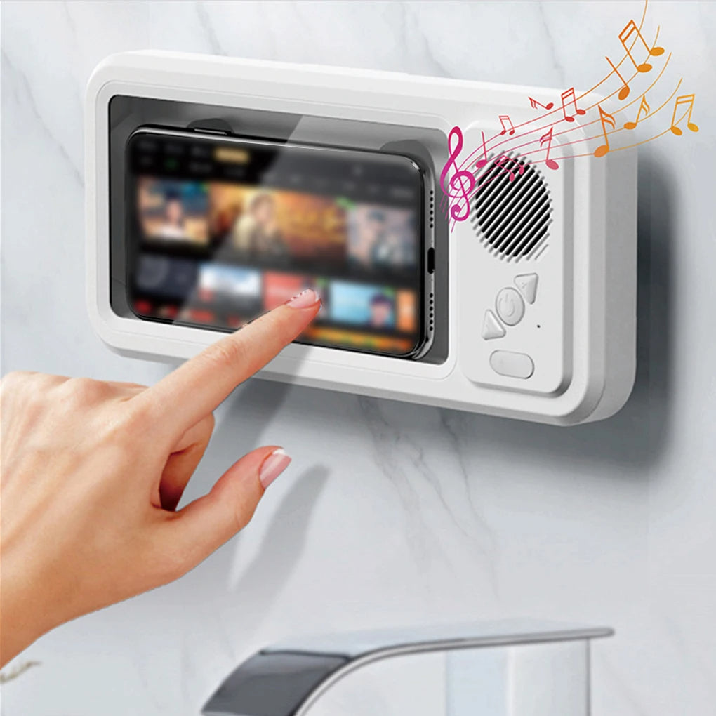 Shower phone holder with speaker